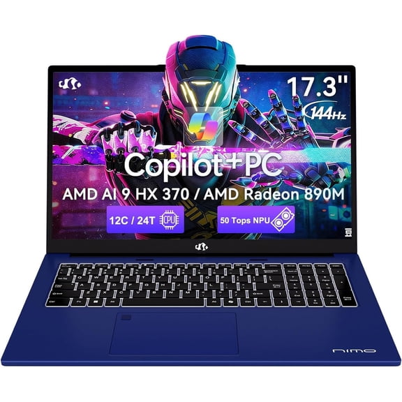 NIMO Copilot+ PC,17.3-inch AI Laptop,AMD Ryzen AI 9 HX 370 Radeon 890M,64GB DDR5 RAM,1TB SSD,144Hz Display,PD 100W USB-C 4.0,Wi-Fi 6E AI Laptop for Mobile Workstation,Programmer and Gaming