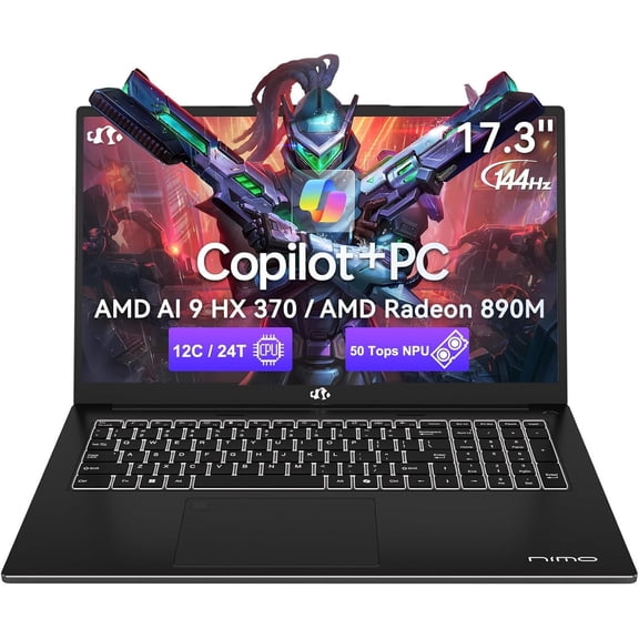 NIMO Copilot+ PC,17.3-inch AI Laptop,AMD Ryzen AI 9 HX 370 Radeon 890M,64GB DDR5 RAM,1TB SSD,144Hz Display,PD 100W USB-C 4.0,Wi-Fi 6E AI Laptop for Mobile Workstation,Programmer and Gaming