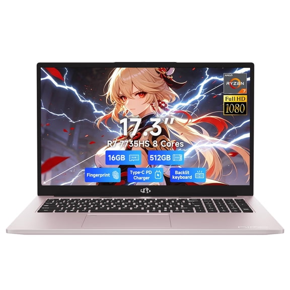 NIMO Light-Gaming-Laptop, 17.3" FHD Computer with AMD 8-Core R7 7735HS 16GB DDR5 RAM 512GB SSD (Up to 4.75GHz, Beat i7-12650H) Radeon 680M GPU 100W Type-C 180° View for Business and School