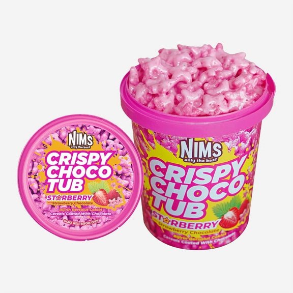 NIMS Crispy Choco Tub Starberry, Star-Shaped Cereal in White Chocolate & Strawberry, 250g Tub
