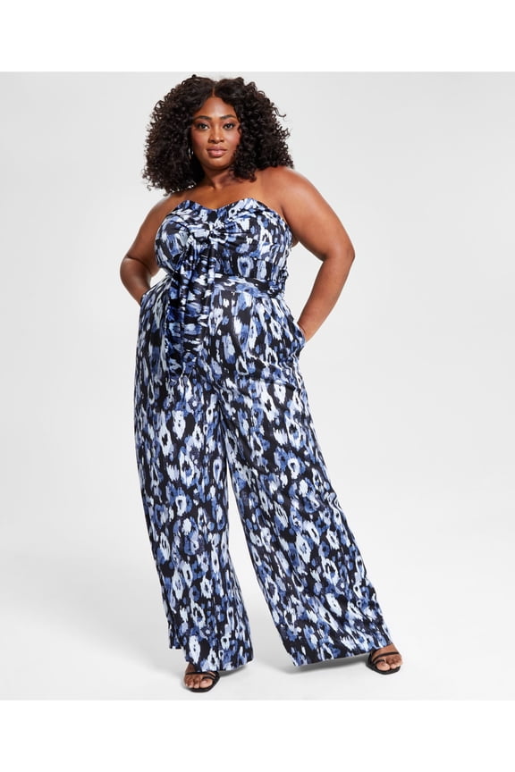 Womens Black Pocketed Zippered Boning Tie Back Pleated Printed Strapless Wide Leg Jumpsuit Plus 20W