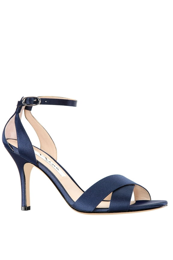 Womens Navy Crisscross Straps Ankle Strap Padded Venus Round Toe Stiletto Buckle Leather Dress Sandals Shoes 7 M