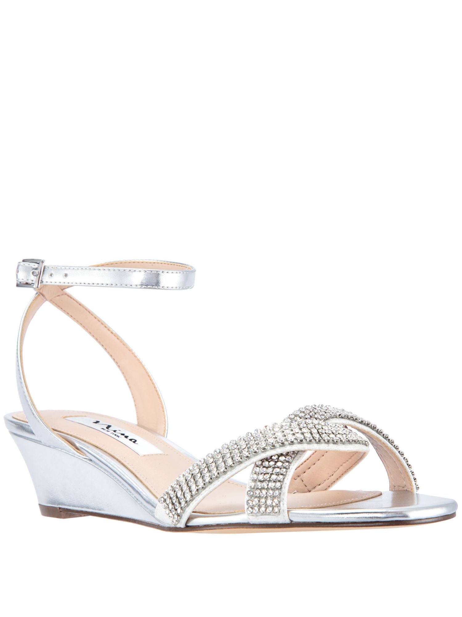 NINA NEW YORK Womens Silver Ankle Strap Rhinestone Freyja Round Toe Stiletto Buckle Dress Heeled Sandal 9.5 M Walmart