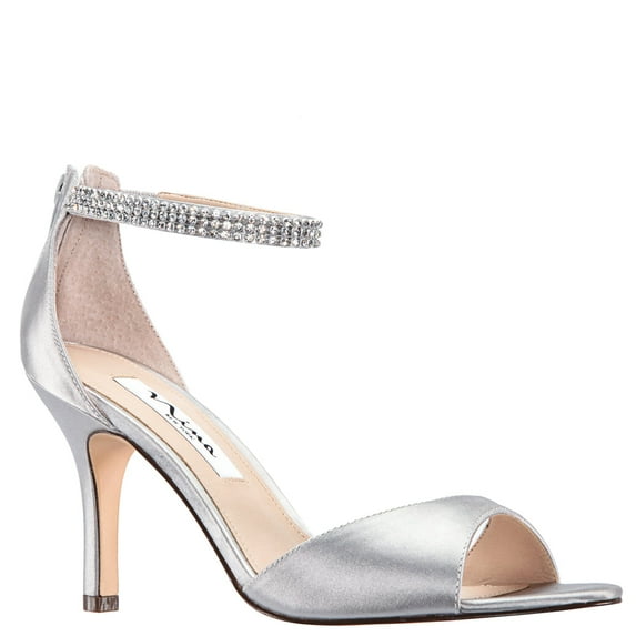 NINA Womens Silver Crystal Like Beaded Detail Flexible Outsole Ankle Strap Cushioned Volanda Almond Toe Stiletto Zip-Up Dress Sandals Shoes 11 M