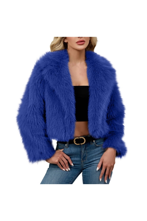 Faux Fur Jacket Women Fluffy Winter Cropped Coats Long Sleeve Cardigan Jackets Loose Fit Thermal Tops Collared Overcoat Simple Elegant Basic Outerwear Stylish Casual Top