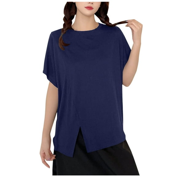 NINADA Women's Side Slit Modal T-Shirts Crewneck Short Sleeve Blouses Slim Fit Lightweight Tops Fashion Trendy Shirts Comfy Pajama Tops Spring Summer Outfits 2026 Blue Free Size