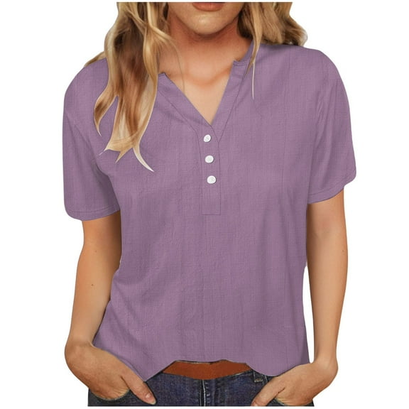 NINADA Womens Cotton Linen Shirts Short Sleeve V-Neck Blouses Tops Button Down Gauze Tees Lightweight Slim Fit T-Shirt Casual Clothes Spring Summer Trendy Outfits 2026 Purple S
