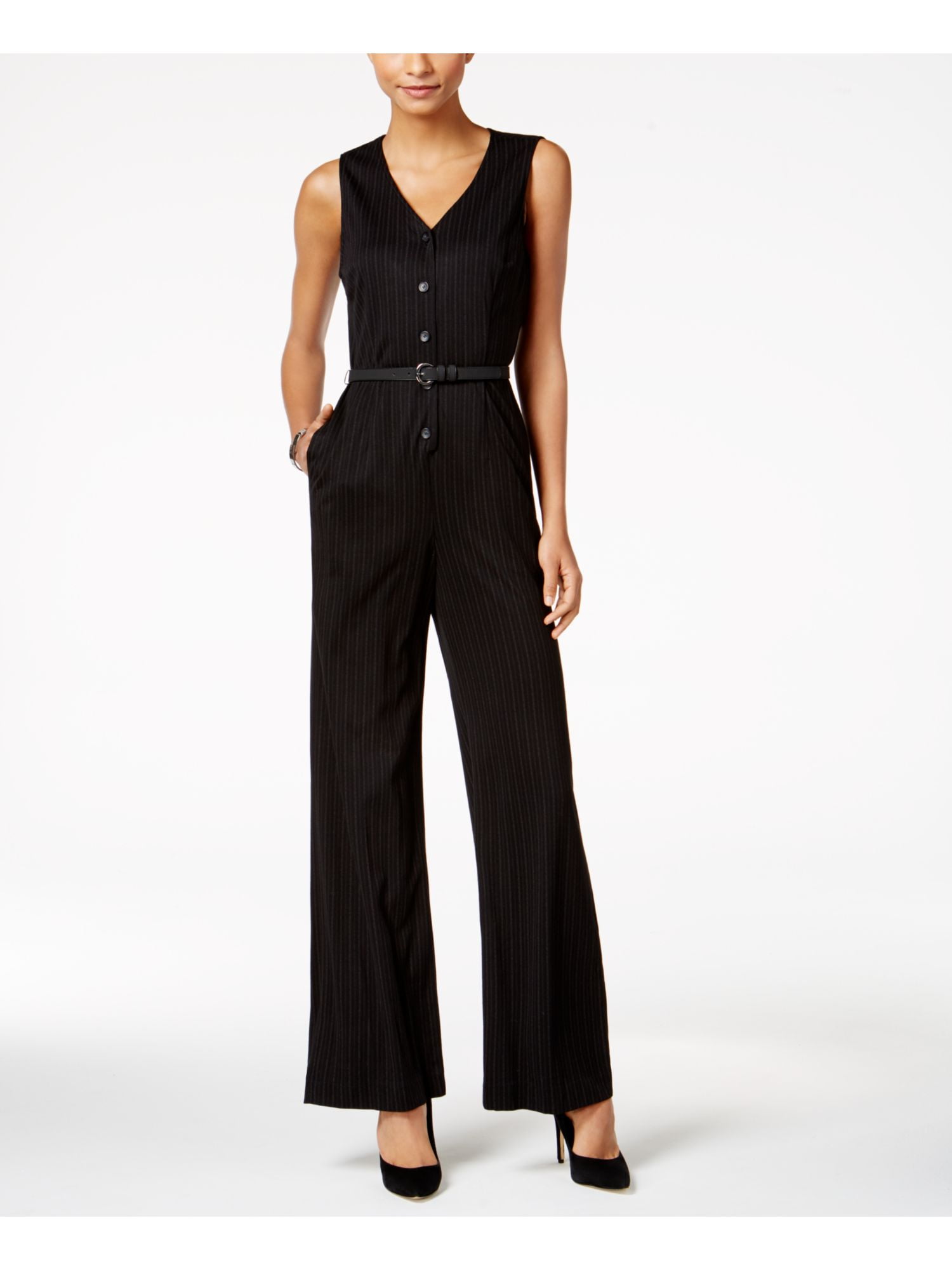 NINE WEST $119 Womens New 1067 Black Pinstripe Tunic Wide Leg Jumpsuit 14 B+B