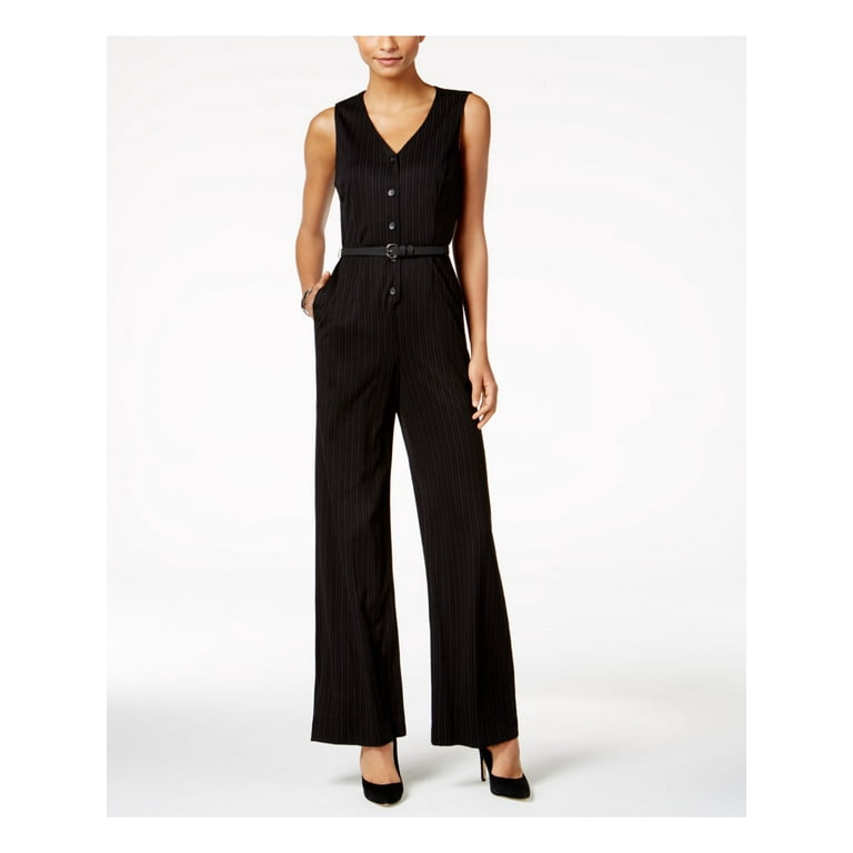 NINE WEST 119 Womens New 1166 Black Pinstripe V Neck Wide Leg Jumpsuit 16 B B