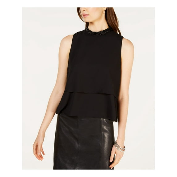 NINE WEST $69 Womens New 1012 Black Jewel Neck Two Tier Blouse M B+B
