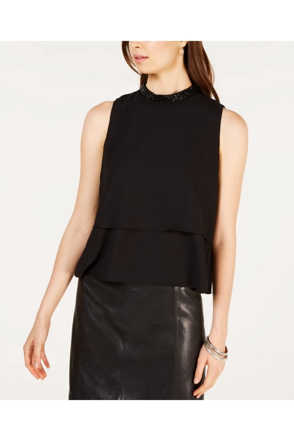 $69 Womens New 1012 Black Jewel Neck Two Tier Blouse M B+B