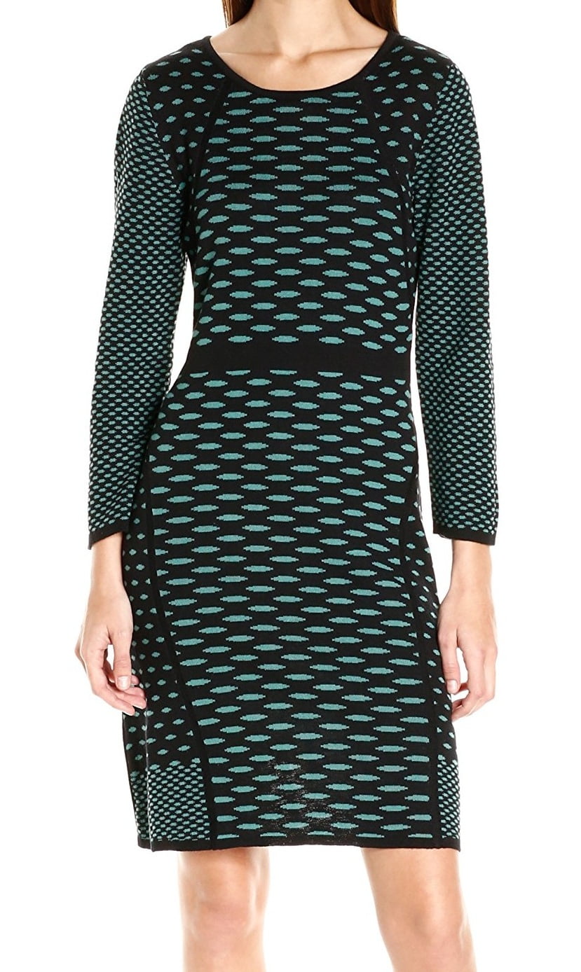nine west sweater dress Women's Size S Black & Beige Knit Fit Flare 3/4 Sleeve Long sleeved with ruffle cuff Nine West Floral Sweater Dress