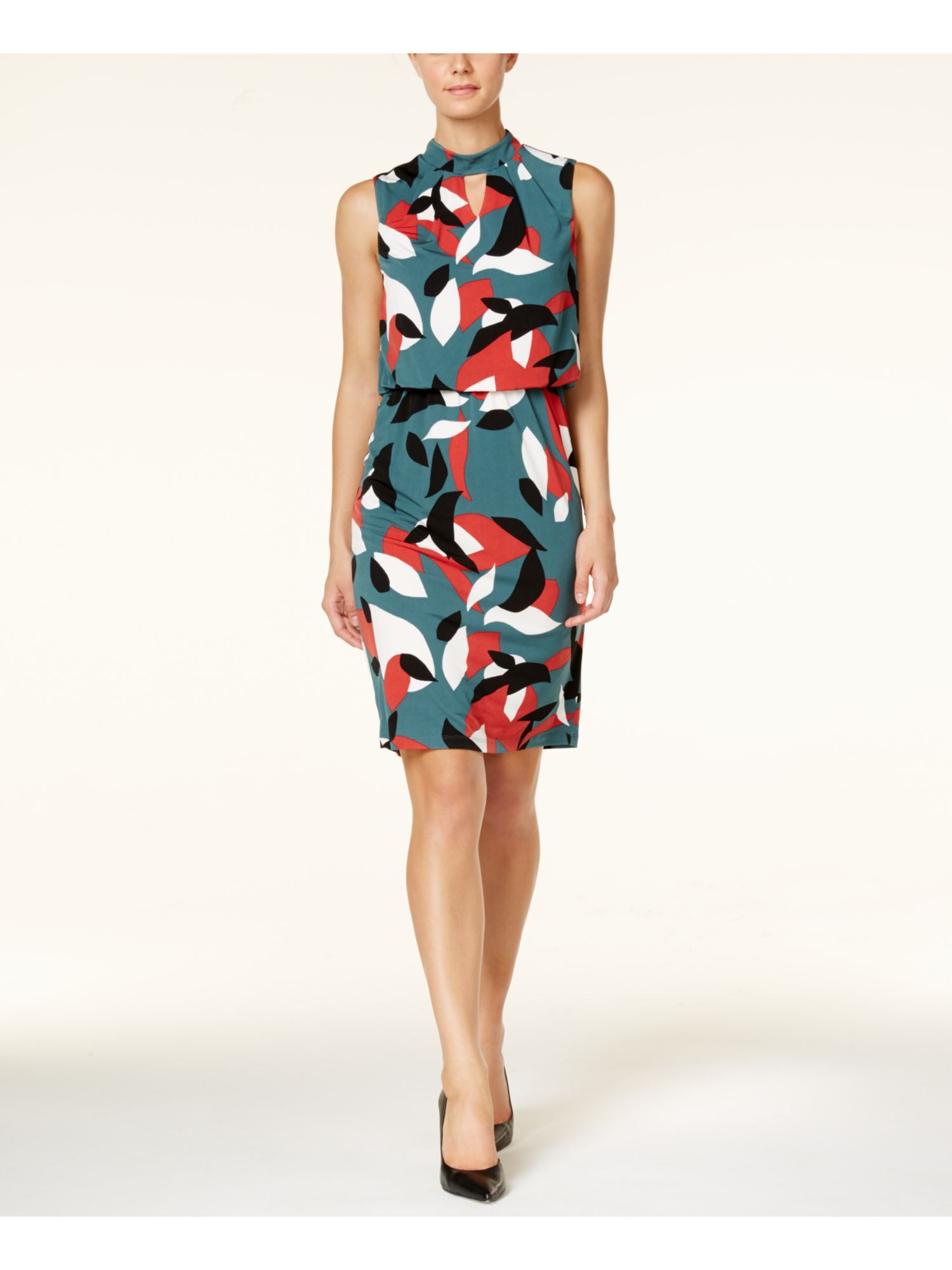 NINE WEST $89 Womens New 1499 Green Printed Sleeveless Blouson Dress 4 B+B