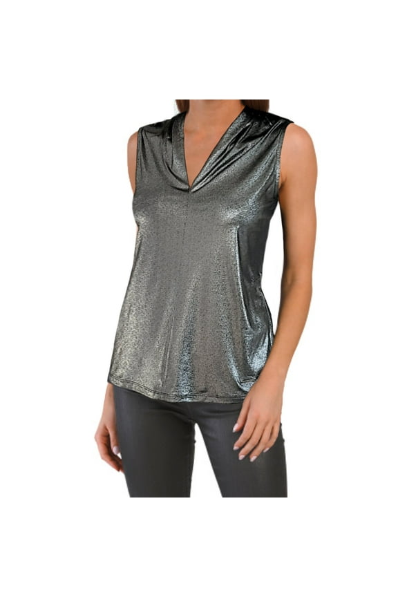 Women's Metallic Shimmer Drapery V-Neck Top-Silver / L