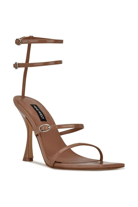 Womens Brown Strappy Padded Adjustable Ankle Strap Aves Square Toe Buckle Heeled Sandal 9.5 M