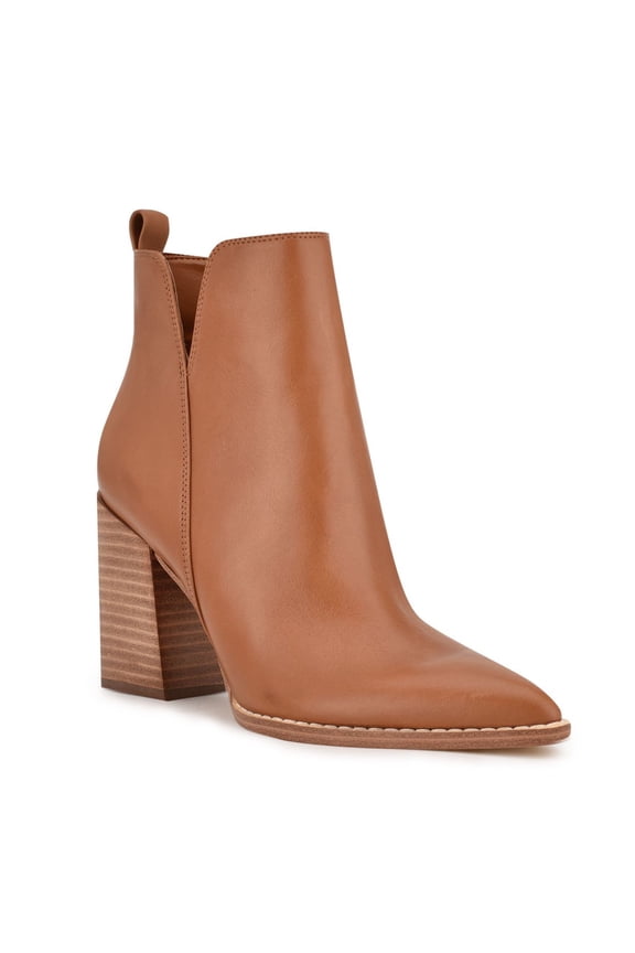Womens Brown V-Cutouts Back Pull Tab Padded Birds Pointed Toe Block Heel Zip-Up Leather Dress Booties 5 M