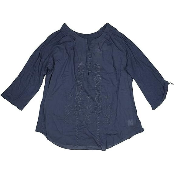 NINE WEST Womens Cotton Vintage America Laelia Embroidered Top (Twilight Blue, Medium)