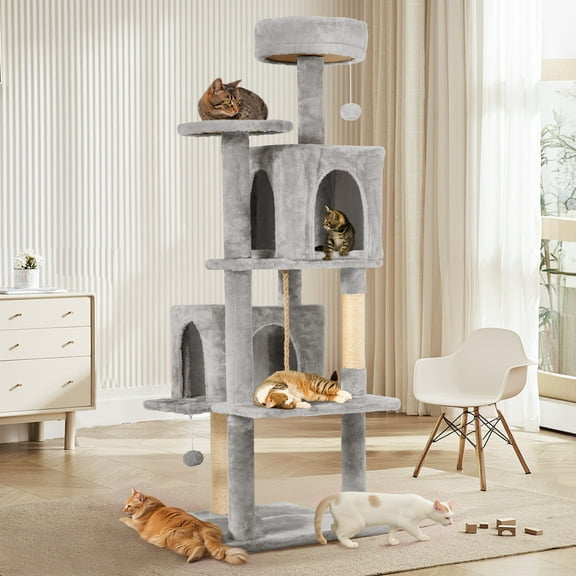 NINESHI 58" Cat Tree Large Cat Tower Condo w/ Multi-Level Scratching Post for All Indoor Cats, Light Gray