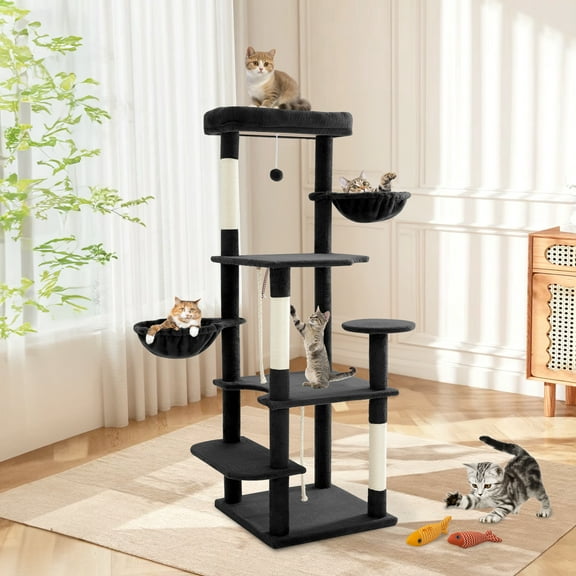 NINESHI 58" Cat Tree Large Cat Tower w/ Multi-Level Scratching Post Cat Basket for Indoor Cats, Black
