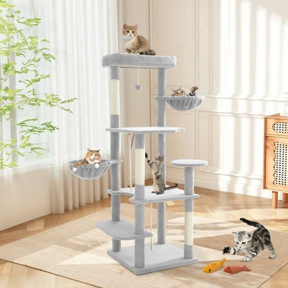 NINESHI 58" Cat Tree Large Cat Tower w/ Multi-Level Scratching Post Cat Basket for Indoor Cats, Gray