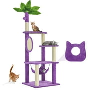 NINESHI 60" Cat Tree for Indoor Cats with Green Leaves, Multi-Level Large Cat Tower with Hammock, Plush House w/ Hang Ball Toy and Scratching Posts, Purple