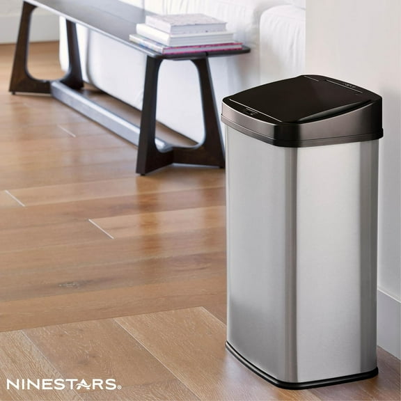 NINESTARS DZT-50-28 Automatic Touchless Motion Sensor Rectangular Trash Can, 13 Gal, Black Trim
