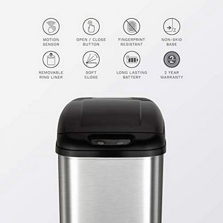 NINESTARS DZT-50-6 Automatic Touchless Infrared Motion Sensor Trash Can, 13 Gal 50L, Stainless Steel Base (Rectangular, Black Lid)