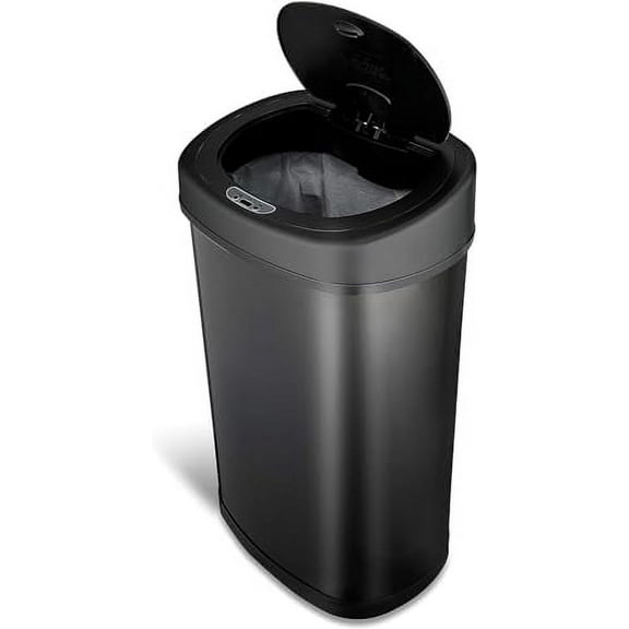 NINESTARS DZT-50-9BK Automatic Touchless Infrared Motion Sensor Trash Can, 13.2 Gal 50L, Black Steel Base (Oval, Black Lid)