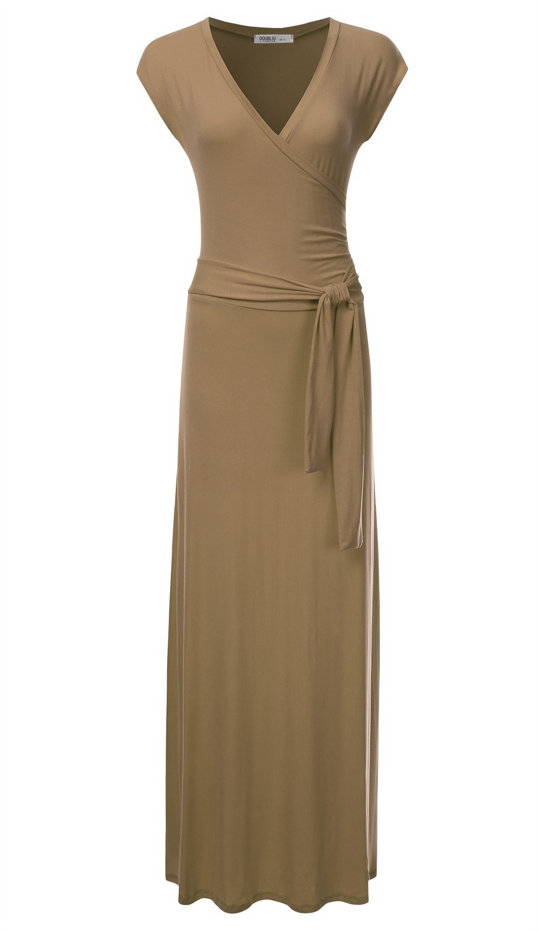 Brown O Neck Short Sleeve Wrap Tie Waist Maxi Dress
