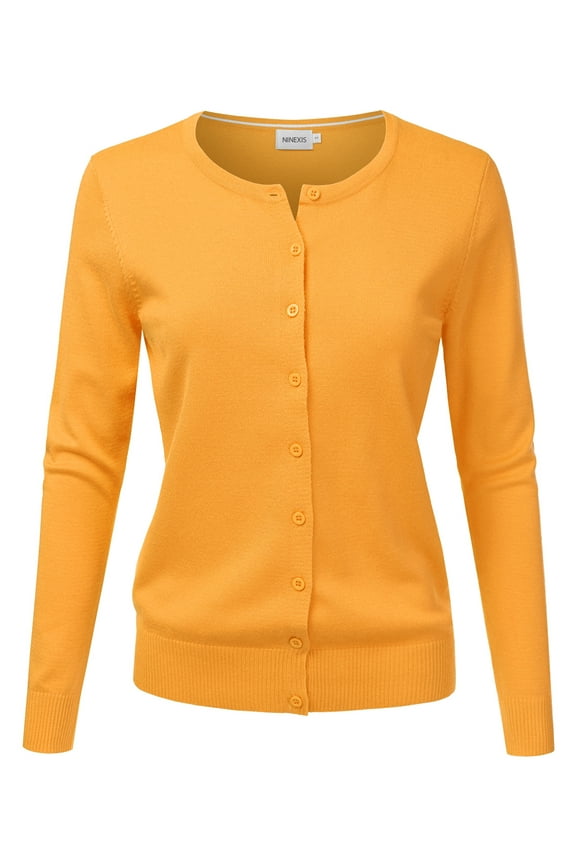 Womens Basic Crew Neck Long Sleeve Button Down Cardigan