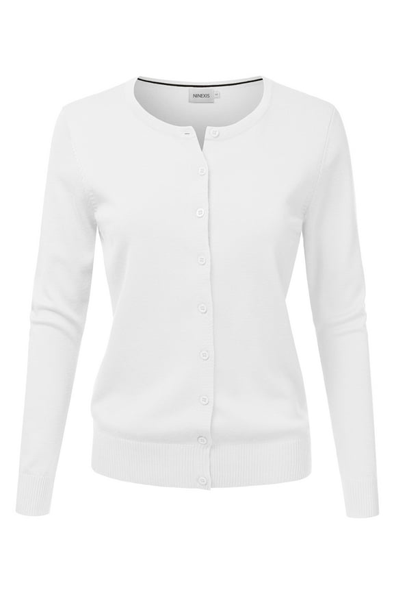 Womens Basic Crew Neck Long Sleeve Button Down Cardigan