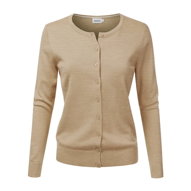 NINEXIS Womens Basic Crew Neck Long Sleeve Button Down Cardigan