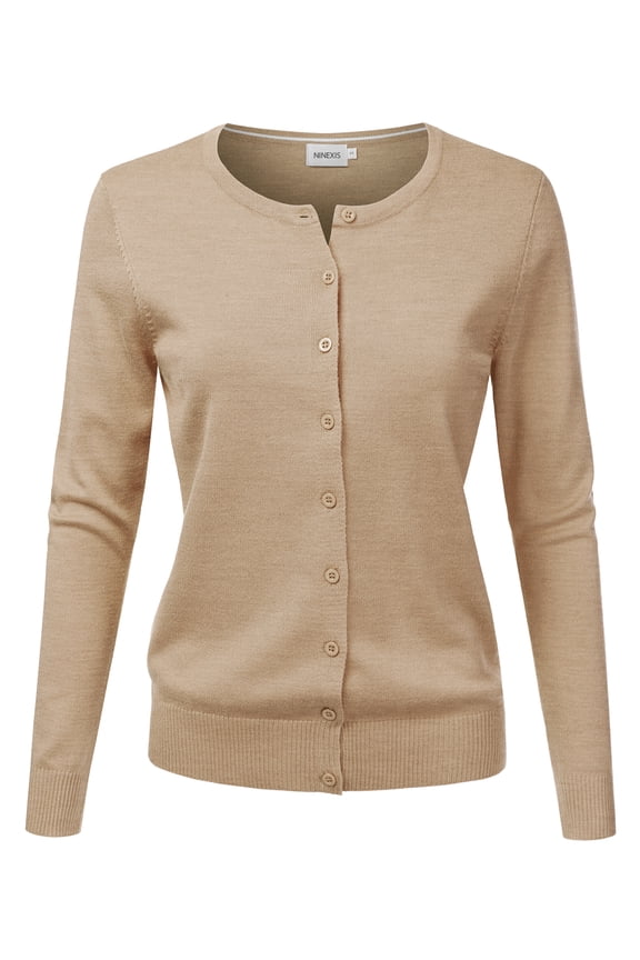 Womens Basic Crew Neck Long Sleeve Button Down Cardigan