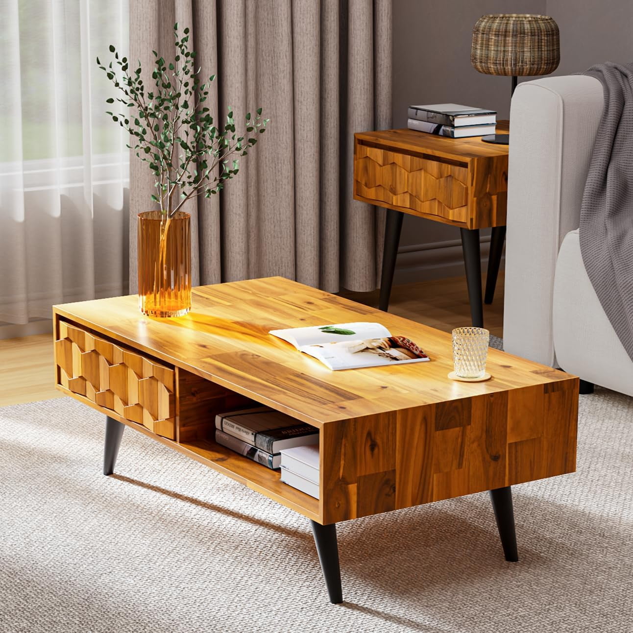 NING Georgina Solid Wood Coffee Tables for Living Room, Coffee Table Mid Century Modern with 2 ...