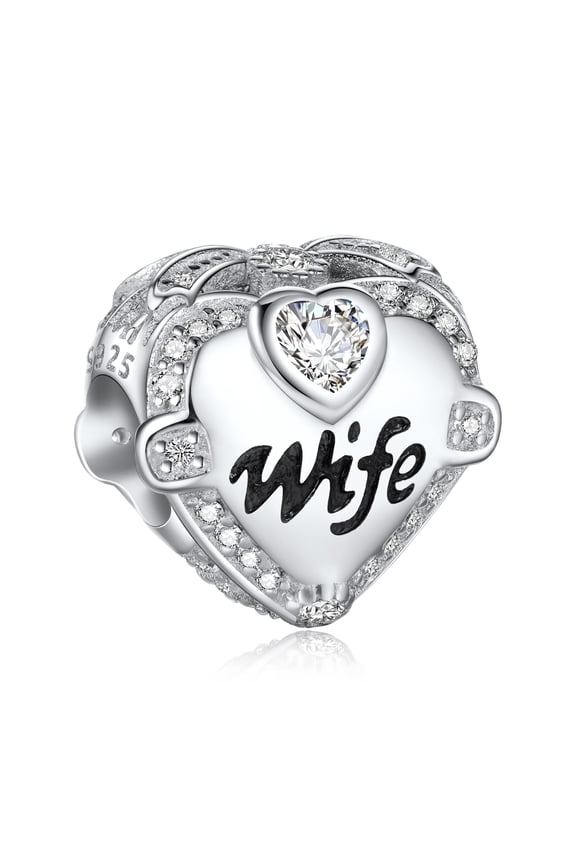 925 sterling silver heart-shaped pendant engraved with “wife,” perfect for pairing with a bracelet or necklace.