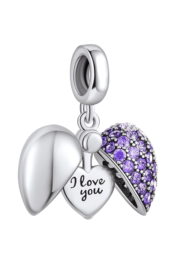 “I Love You” Light Purple Love Heart Dange Charm 925 Sterling Silver Pendant Beads fit Bracelets & Necklaces, Birthday Gift for Women