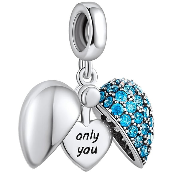 Erizteya “Only You” Blue Love Heart Dange Charm 925 Sterling Silver Pendant Beads fit Bracelets & Necklaces, Birthday Gift for Women girls