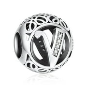 NINGAN V Letter Alphabet Charm 925 Sterling Silver A-Z Initial Beads Fits Pandora Bracelet and Necklace