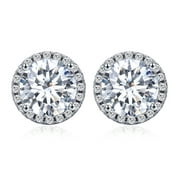 NINGAN S925 Sterling Silver White Gold Halo CZ Stud Earrings, White Gold Simulated Diamond Earrings, Round Cut Earring Studs, Best Gift Ideas for Women, Girls, Ladies, Special-Occasion Jewelry