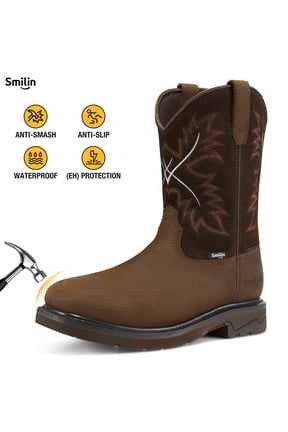 Men's Steel Toe Work Boots, Square Toe Waterproof Cowboy Boots for Men, Brown, US Size 10
