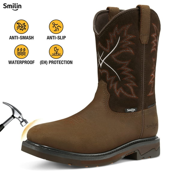 SMILIN Men's Steel Toe Work Boots, Square Toe Waterproof Cowboy Boots for Men, Brown, US Size 10