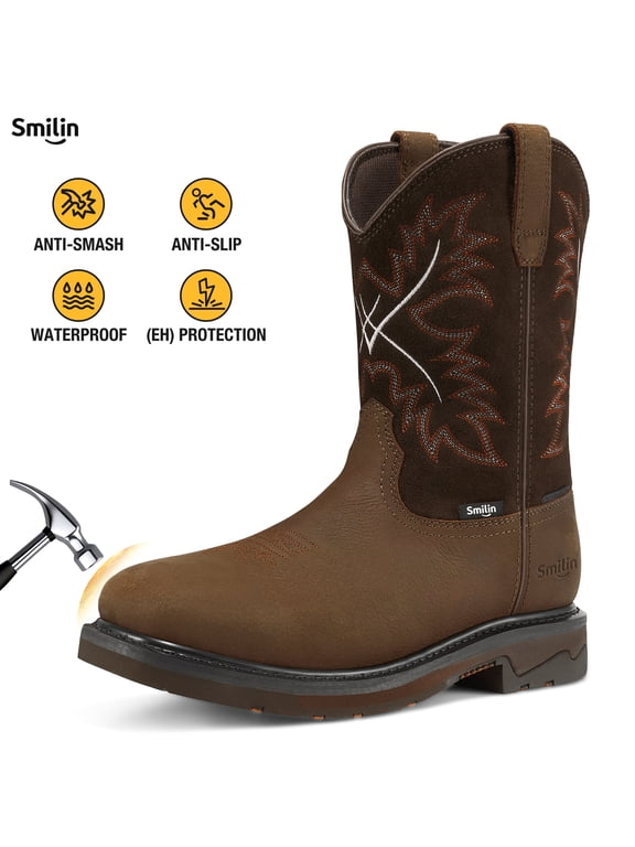 Men's Steel Toe Work Boots, Square Toe Waterproof Cowboy Boots for Men, Brown, US Size 10