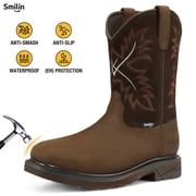 SMILIN Mens Steel Toe Work Boots, Square Toe Waterproof Cowboy Boots for Men, Brown, US Size 9