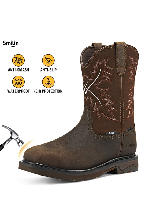 Men's Steel Toe Work Boots, Square Toe Waterproof Cowboy Boots for Men, Dark Brown, US Size 11