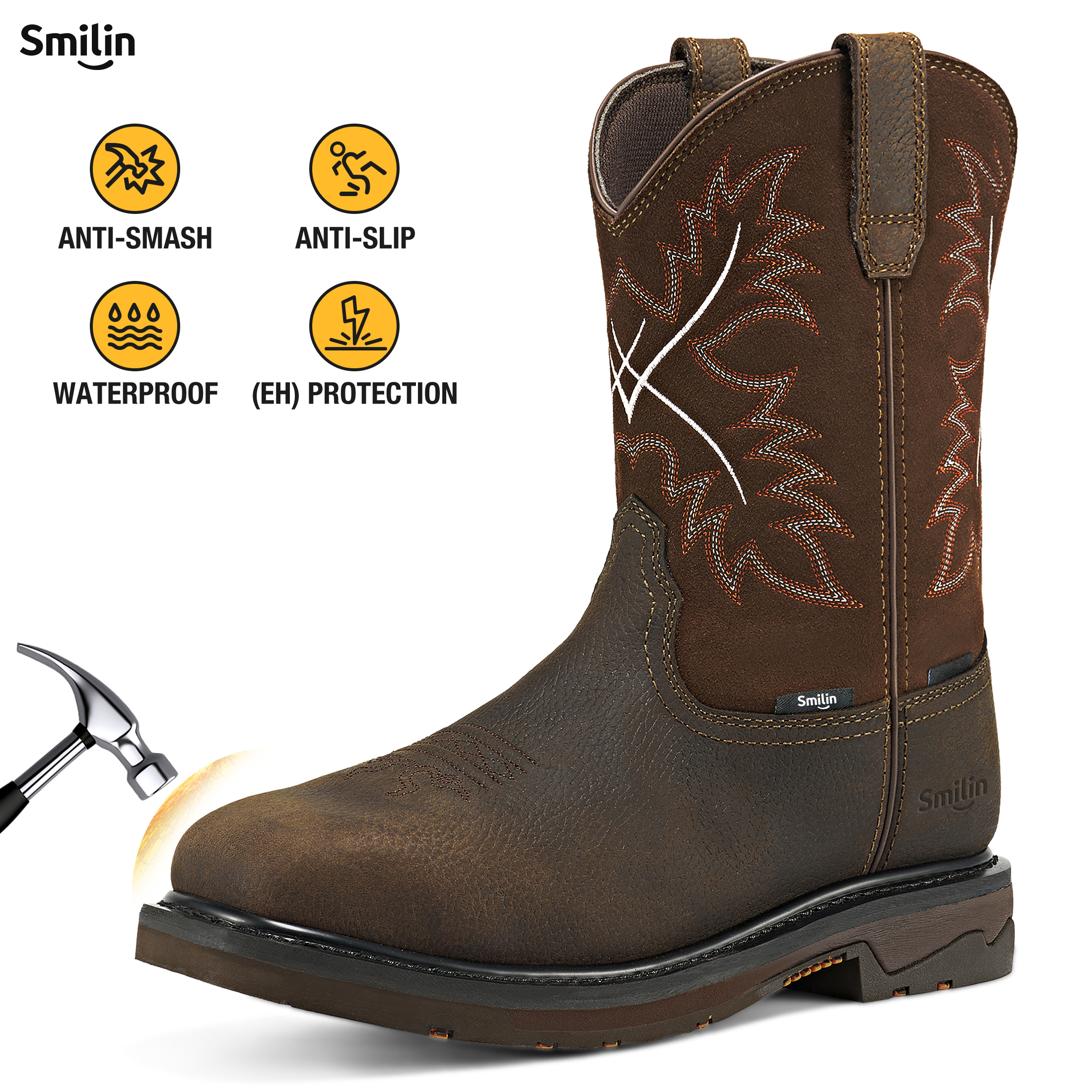 SMILIN Men's Steel Toe Work Boots, Square Toe Waterproof Cowboy Boots for Men, Dark Brown, US Size 8.5