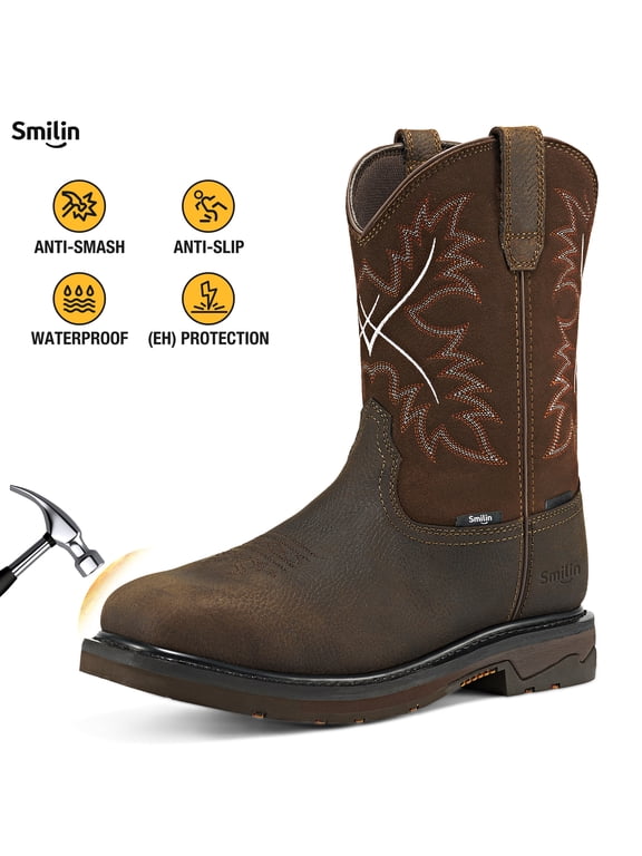 Men's Steel Toe Work Boots, Square Toe Waterproof Cowboy Boots for Men, Dark Brown, US Size 8