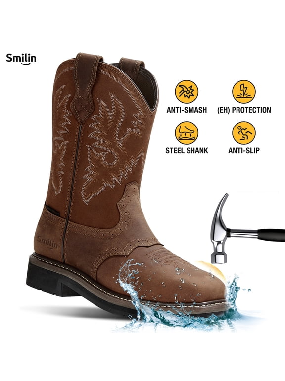 Men's Waterproof Steel Toe Work Boots,Brown,Size 12