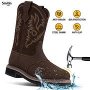 SMILIN Mens Waterproof Steel Toe Work Boots,Dark Brown,Size 12