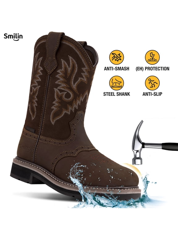 Men's Waterproof Steel Toe Work Boots,Dark Brown,Size 12