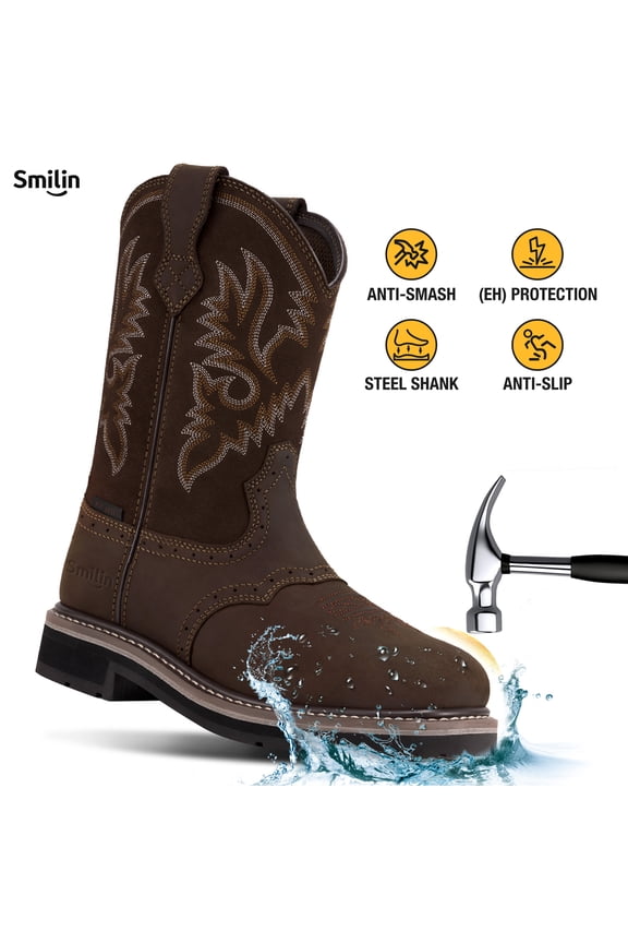 Men's Waterproof Steel Toe Work Boots,Dark Brown,Size 12